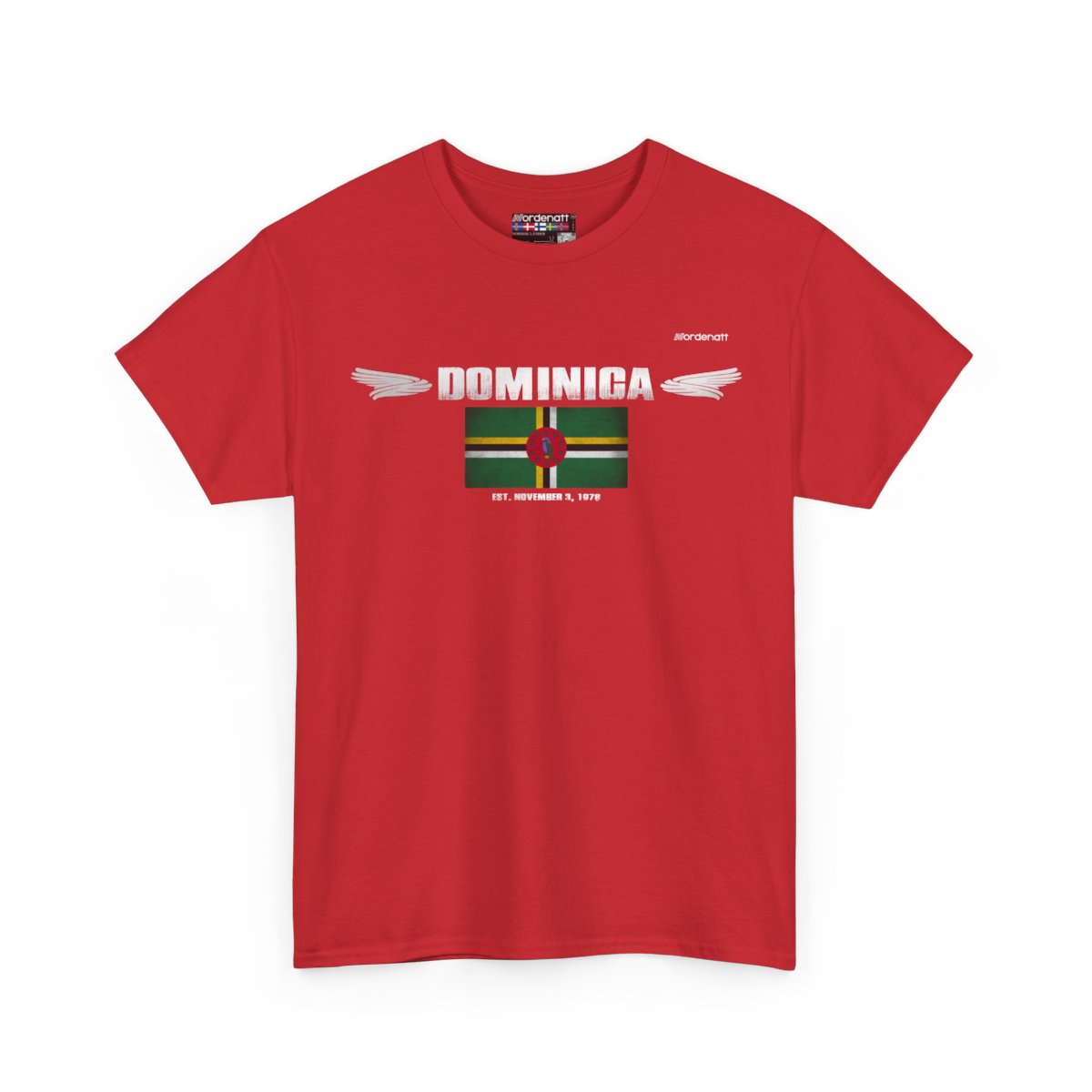 Dominica flag t-shirt in Red — premium cotton, Nordenatt