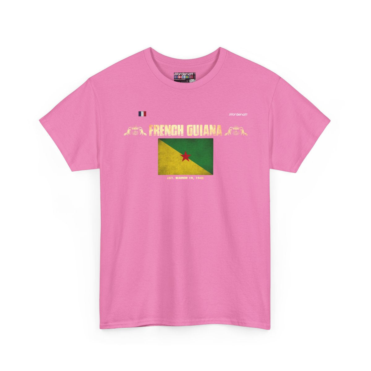 French Guiana flag t-shirt in Azalea — premium cotton, Nordenatt