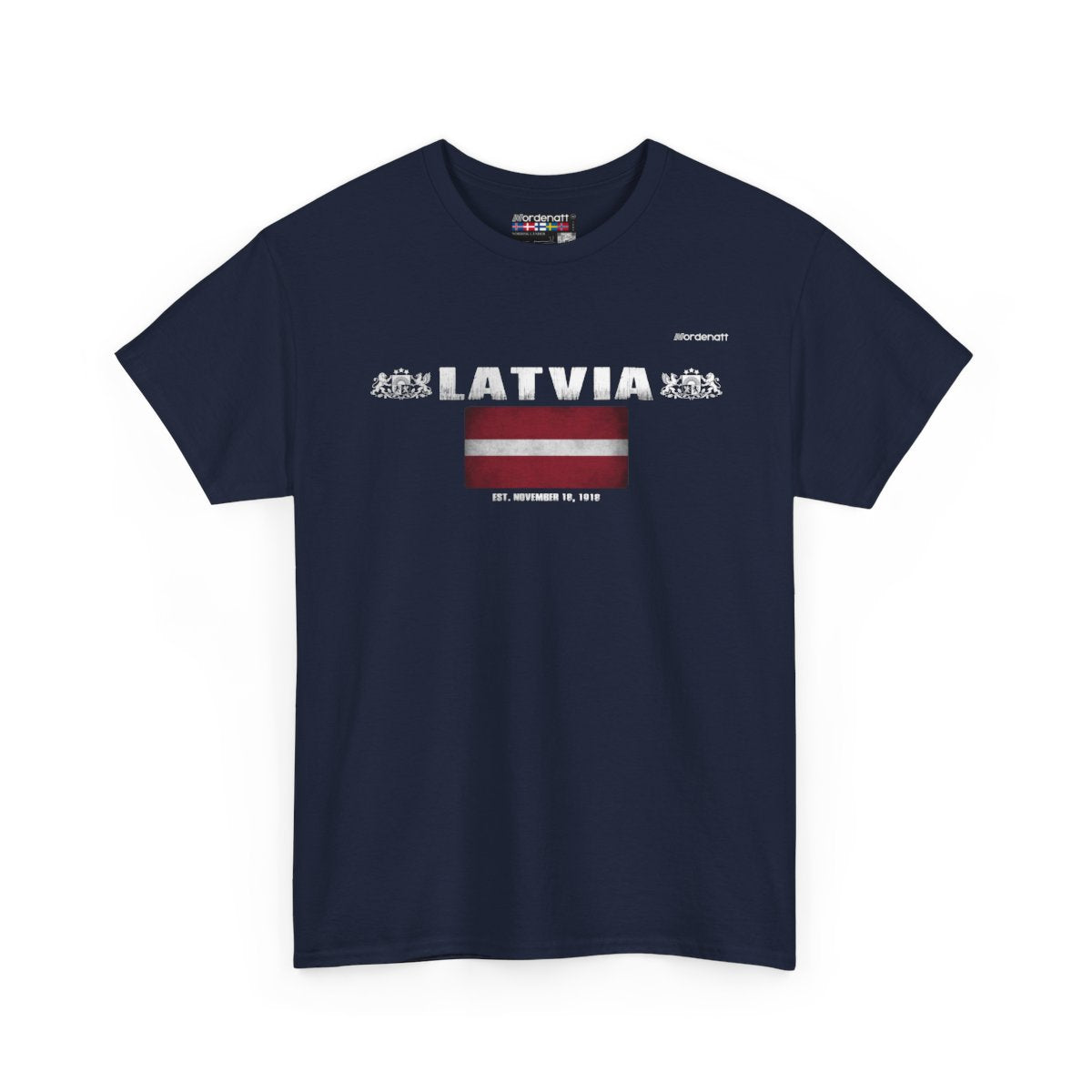 Latvia flag t-shirt in Navy — premium cotton, Nordenatt