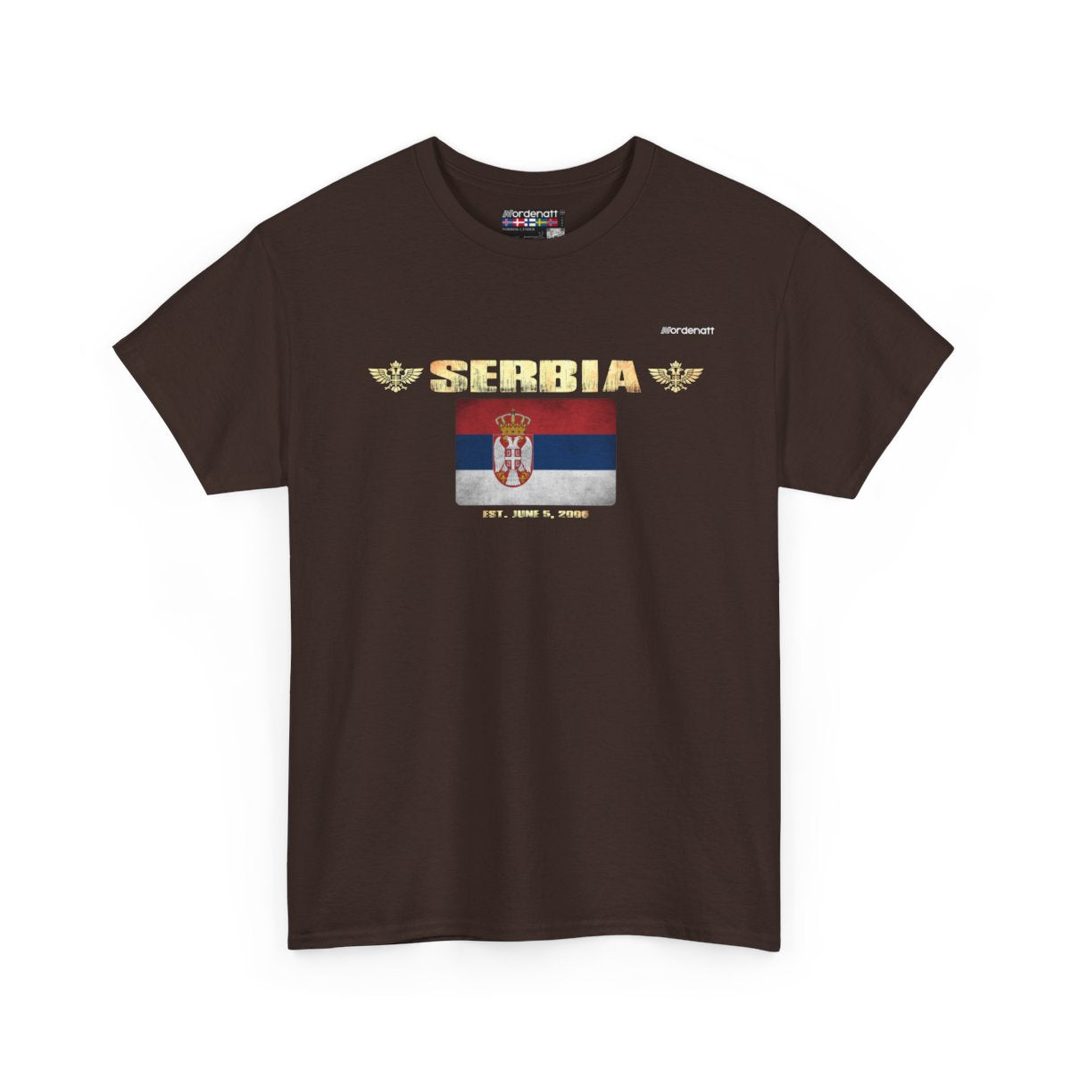 Serbia flag t-shirt in Dark Chocolate — premium cotton, Nordenatt