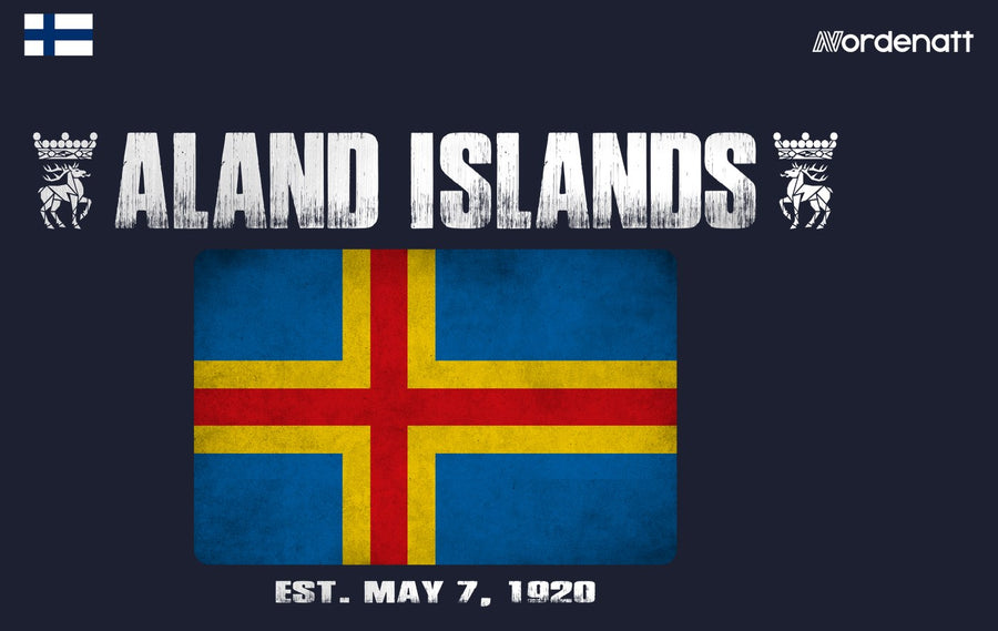 Aland Islands design preview: flag, date and emblem inspiration printed on dark t-shirts (Nordenatt)