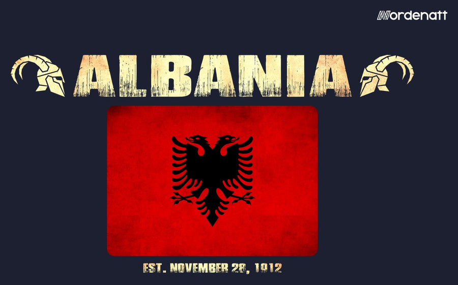 Albania design preview: flag, date and emblem inspiration printed on dark t-shirts (Nordenatt)
