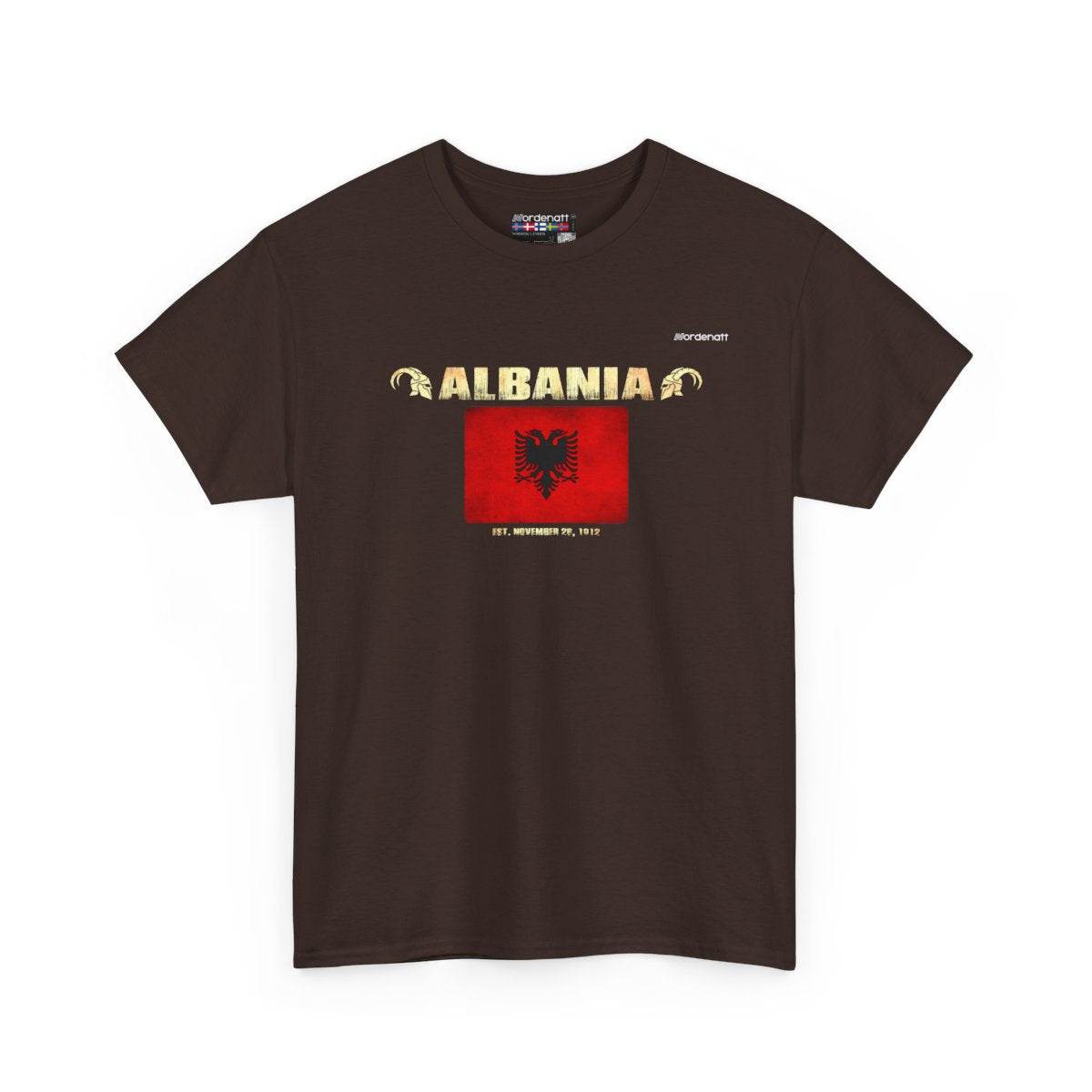 Albania flag t-shirt in Dark Chocolate — premium cotton, Nordenatt