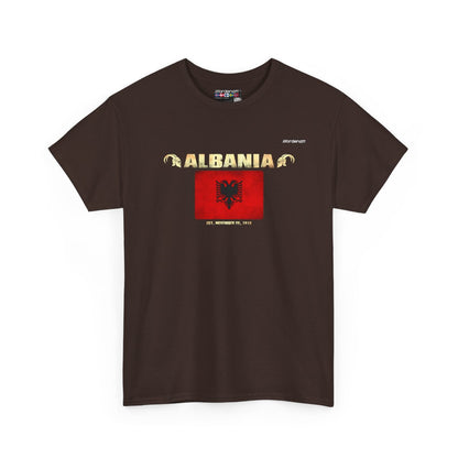Albania flag t-shirt in Dark Chocolate — premium cotton, Nordenatt
