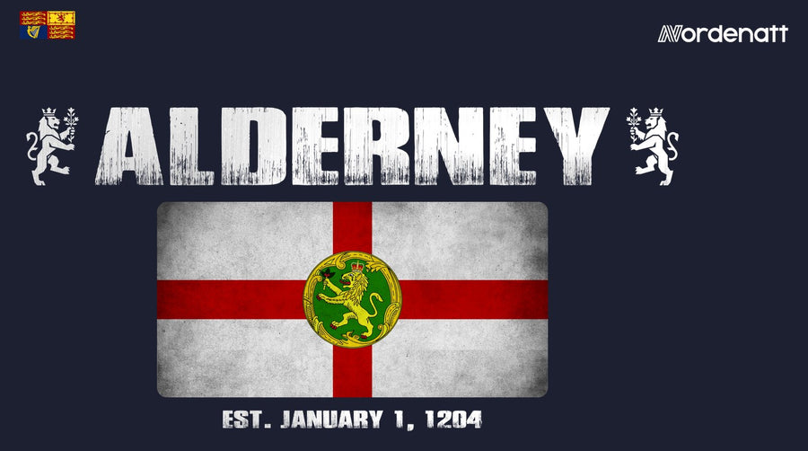 Alderney design preview: flag, date and emblem inspiration printed on dark t-shirts (Nordenatt)