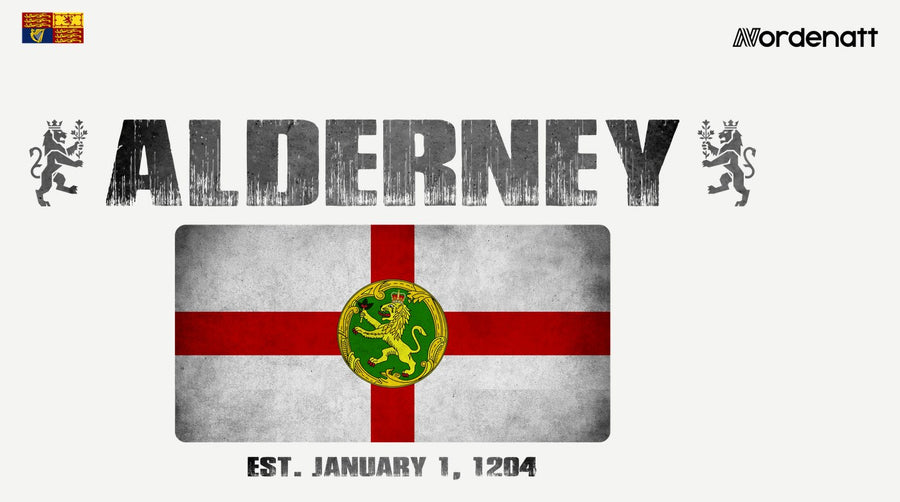 Alderney design preview: flag, date and emblem inspiration printed on light t-shirts (Nordenatt)