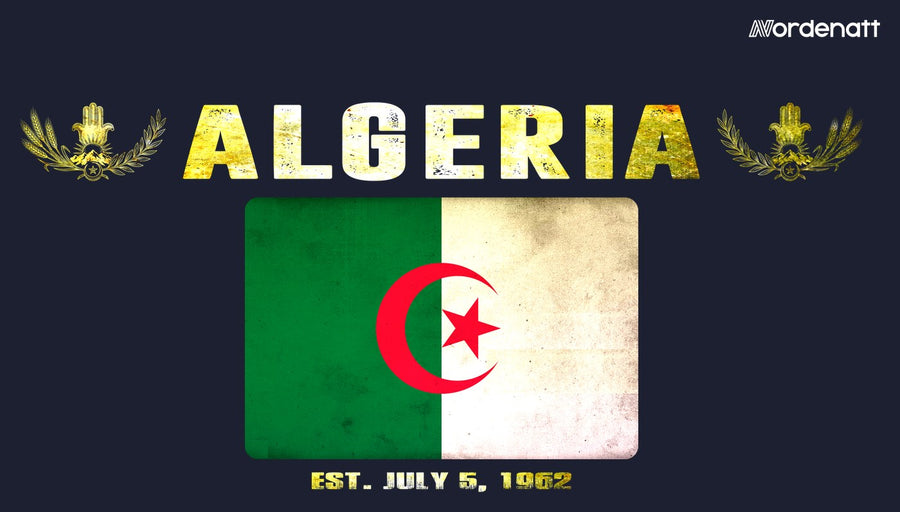Algeria design preview: flag, date and emblem inspiration printed on dark t-shirts (Nordenatt)