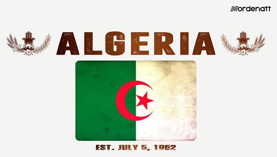 Algeria design preview: flag, date and emblem inspiration printed on light t-shirts (Nordenatt)