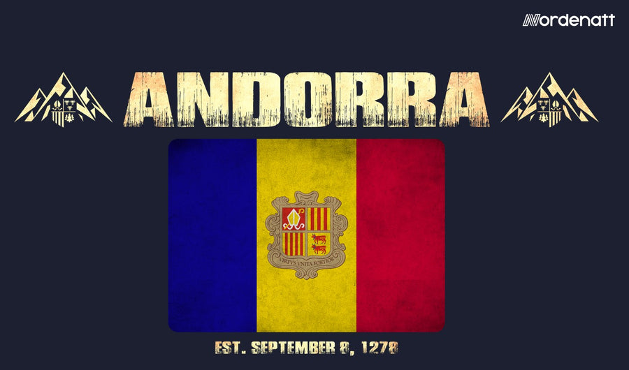 Andorra design preview: flag, date and emblem inspiration printed on dark t-shirts (Nordenatt)