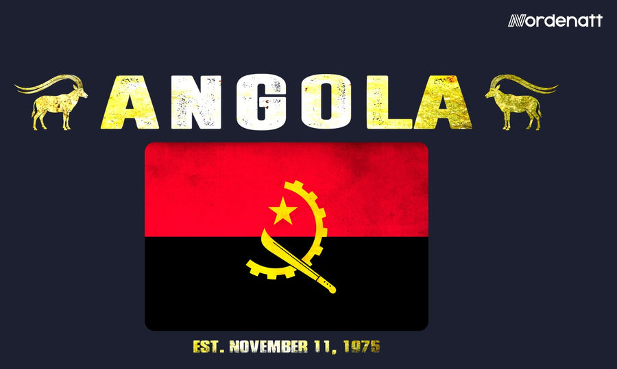 Angola design preview: flag, date and emblem inspiration printed on dark t-shirts (Nordenatt)