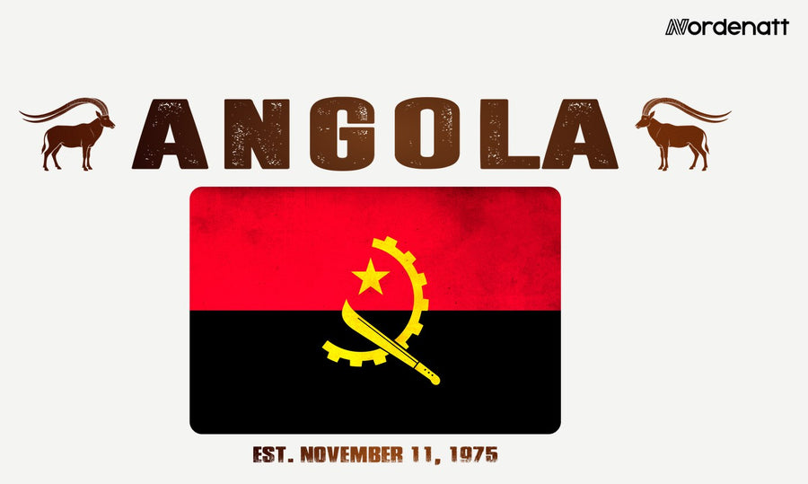 Angola design preview: flag, date and emblem inspiration printed on light t-shirts (Nordenatt)
