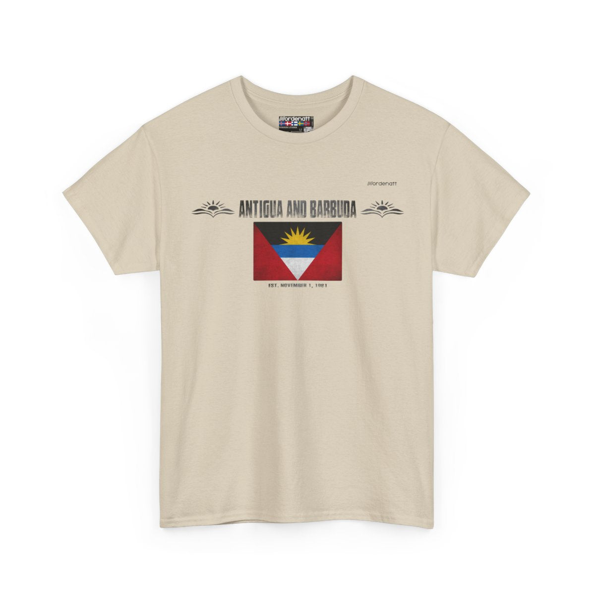 Antigua And Barbuda flag t-shirt in Sand — premium cotton, Nordenatt