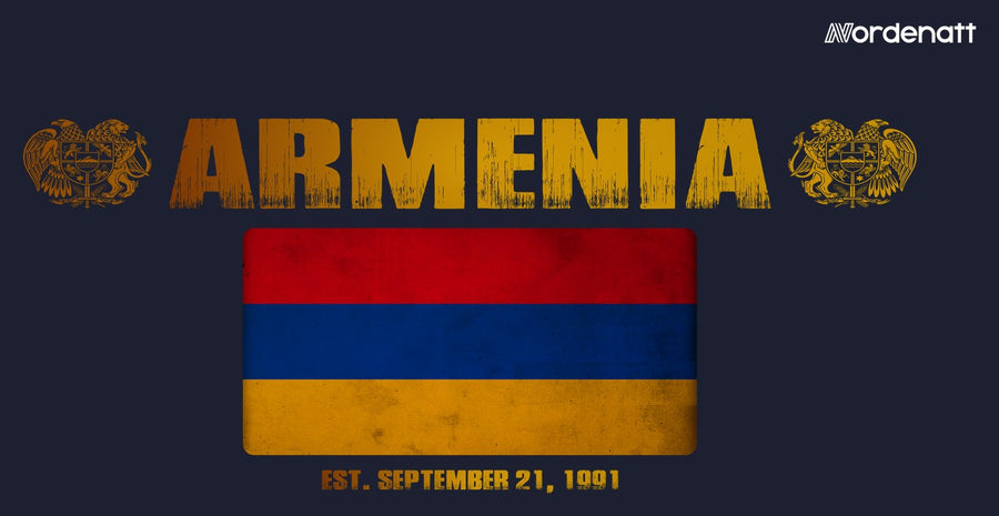 Armenia design preview: flag, date and emblem inspiration printed on dark t-shirts (Nordenatt)