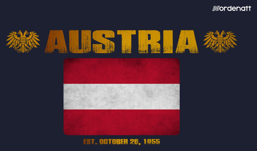Austria design preview: flag, date and emblem inspiration printed on dark t-shirts (Nordenatt)
