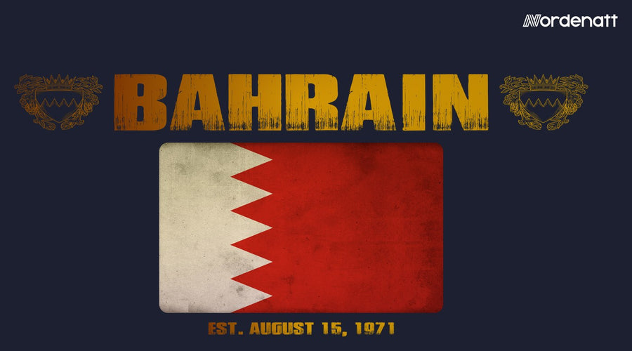 Bahrain design preview: flag, date and emblem inspiration printed on dark t-shirts (Nordenatt)