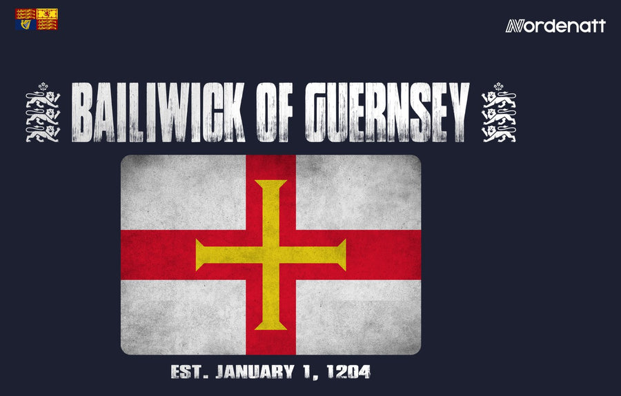 Bailiwick of Guernsey design preview: flag, date and emblem inspiration printed on dark t-shirts (Nordenatt)