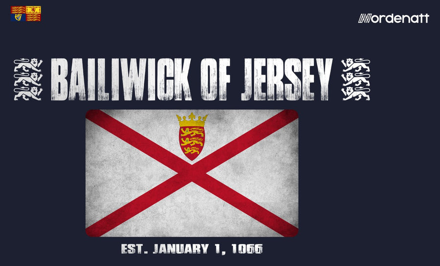 Bailiwick of Jersey design preview: flag, date and emblem inspiration printed on dark t-shirts (Nordenatt)