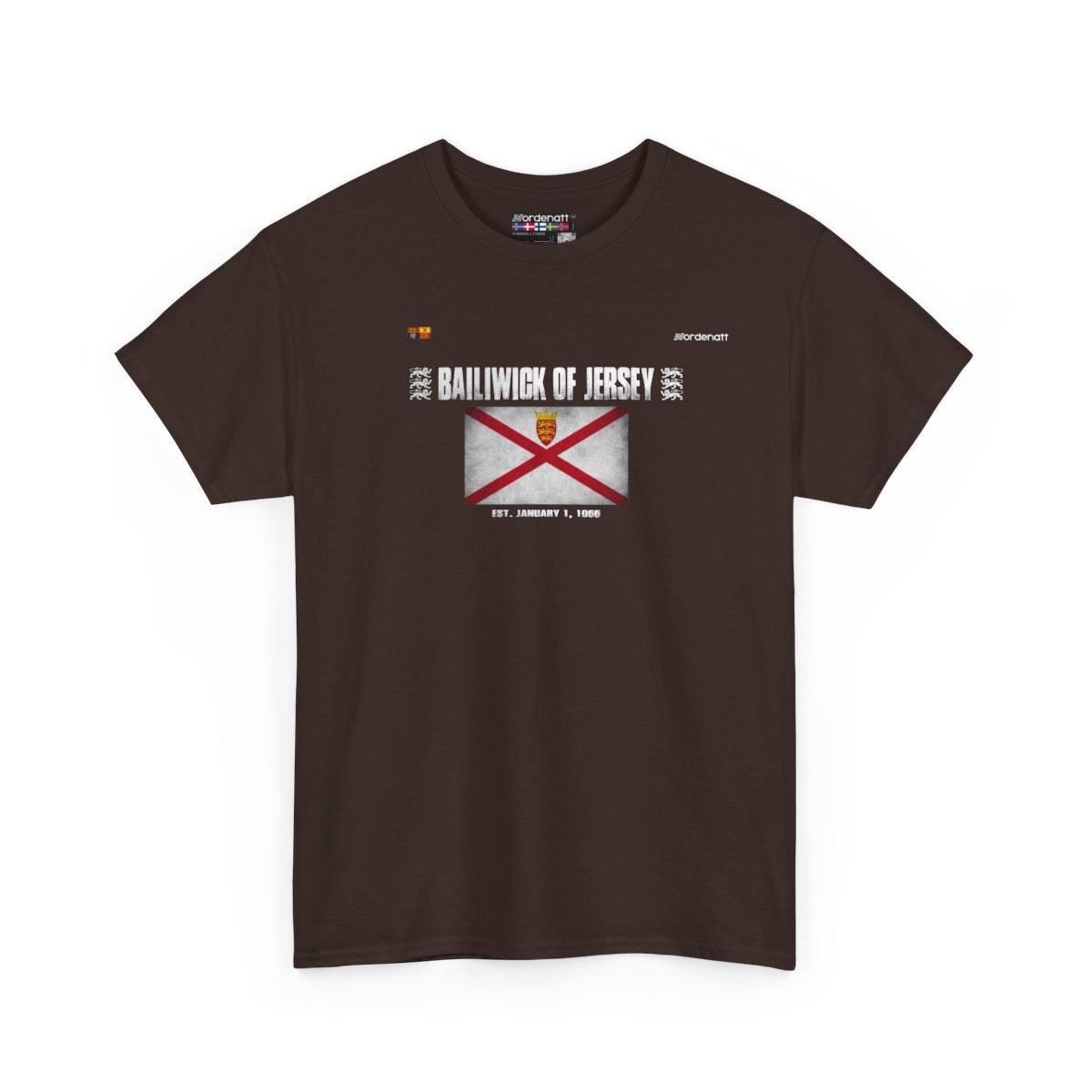 Bailiwick Of Jersey flag t-shirt in Dark Chocolate — premium cotton, Nordenatt
