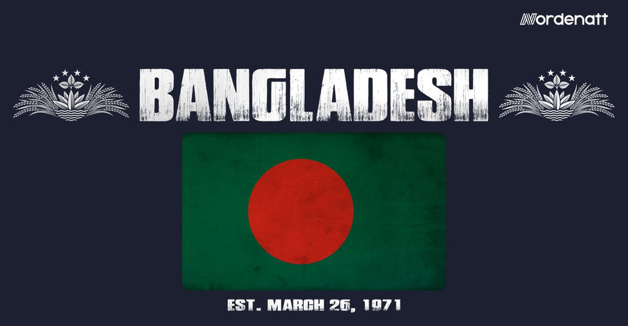 Bangladesh design preview: flag, date and emblem inspiration printed on dark t-shirts (Nordenatt)