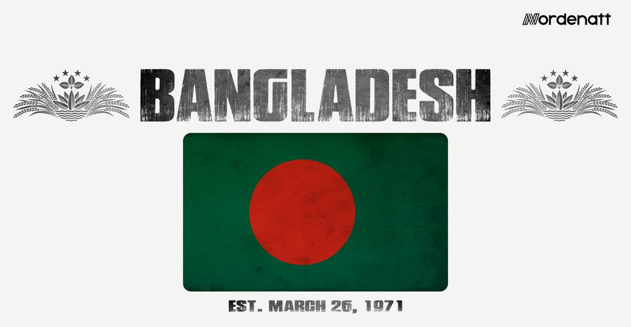 Bangladesh design preview: flag, date and emblem inspiration printed on light t-shirts (Nordenatt)