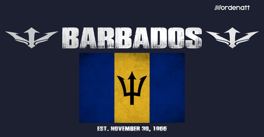 Barbados design preview: flag, date and emblem inspiration printed on dark t-shirts (Nordenatt)