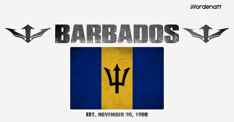 Barbados design preview: flag, date and emblem inspiration printed on light t-shirts (Nordenatt)