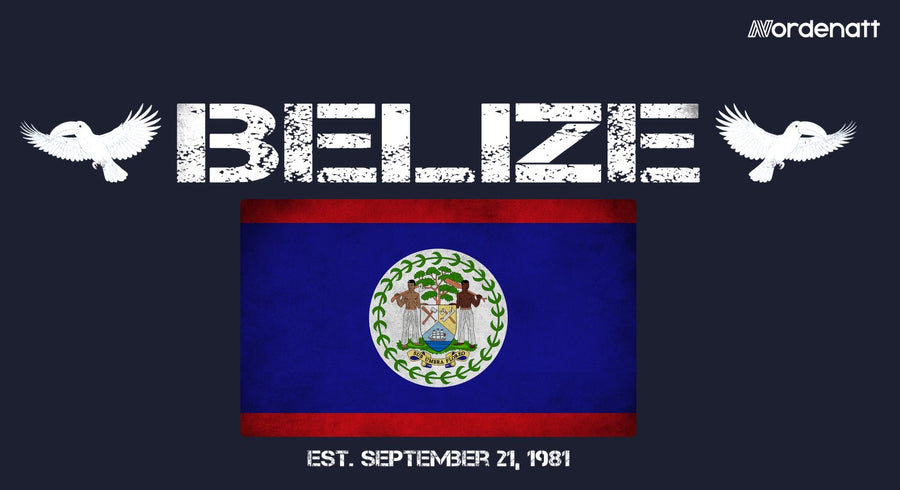 Belize design preview: flag, date and emblem inspiration printed on dark t-shirts (Nordenatt)