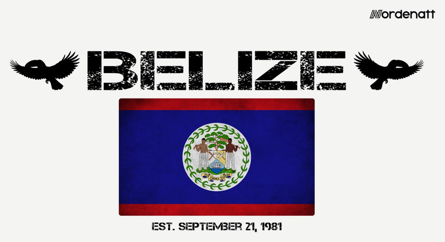 Belize design preview: flag, date and emblem inspiration printed on light t-shirts (Nordenatt)