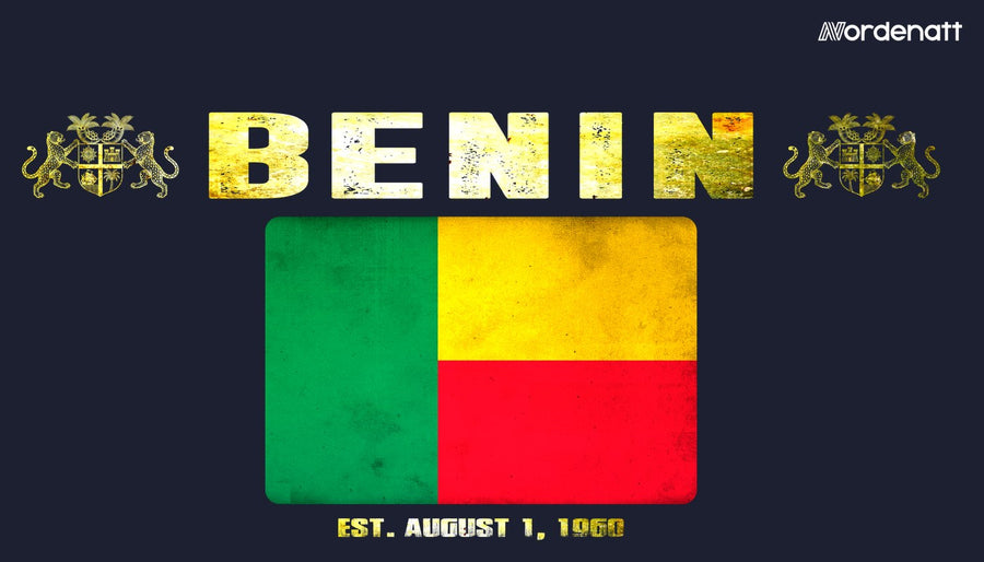 Benin design preview: flag, date and emblem inspiration printed on dark t-shirts (Nordenatt)