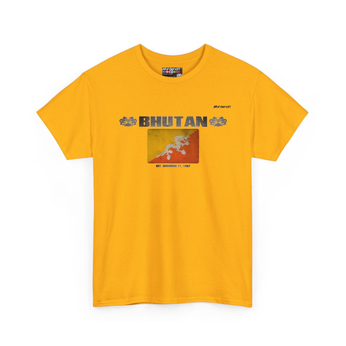 Bhutan flag t-shirt in Gold — premium cotton, Nordenatt