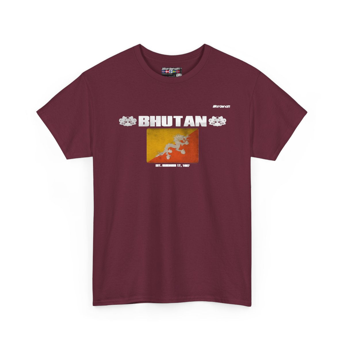 Bhutan flag t-shirt in Maroon — premium cotton, Nordenatt