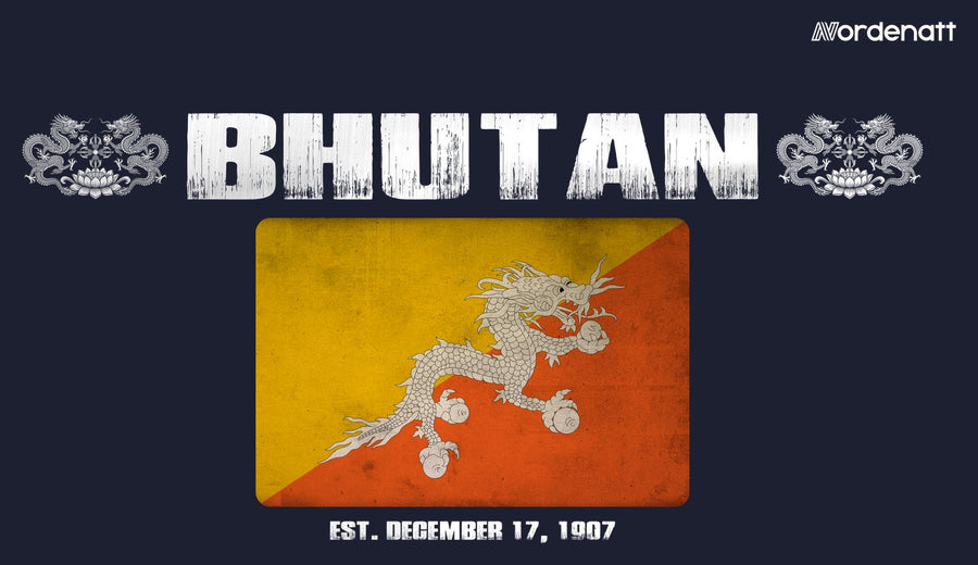 Bhutan design preview: flag, date and emblem inspiration printed on dark t-shirts (Nordenatt)