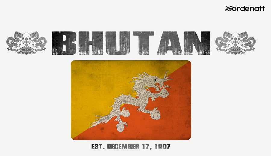 Bhutan design preview: flag, date and emblem inspiration printed on light t-shirts (Nordenatt)