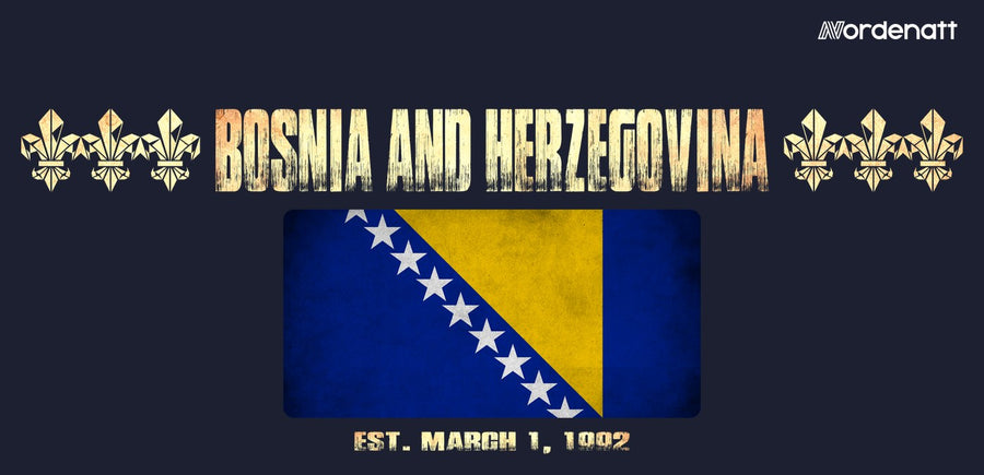 Bosnia and Herzegovina design preview: flag, date and emblem inspiration printed on dark t-shirts (Nordenatt)