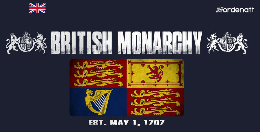 British Monarchy design preview: flag, date and emblem inspiration printed on dark t-shirts (Nordenatt)