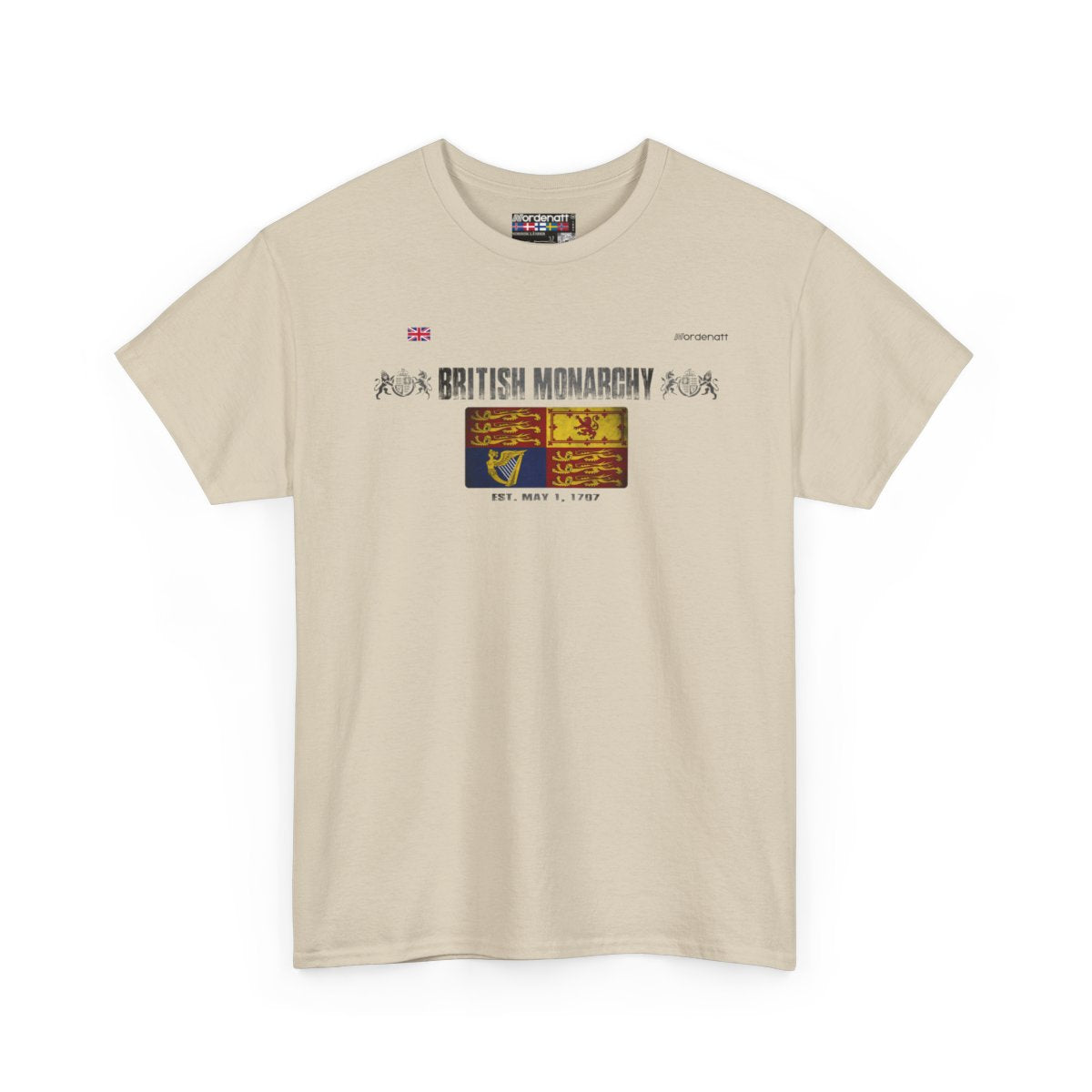 British Monarchy flag t-shirt in Sand — premium cotton, Nordenatt