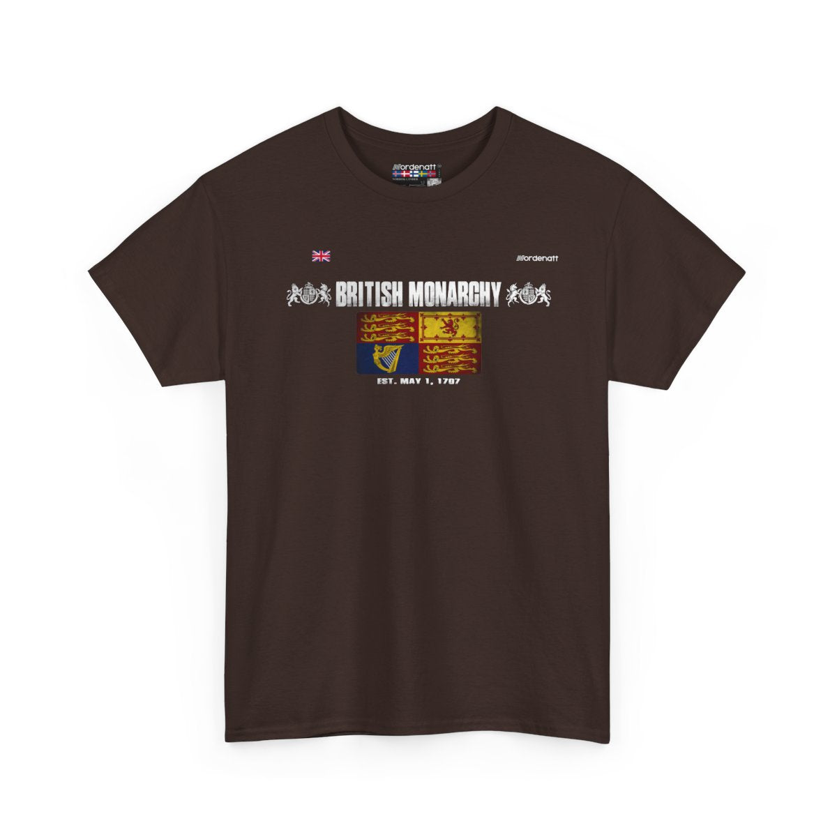 British Monarchy flag t-shirt in Dark Chocolate — premium cotton, Nordenatt