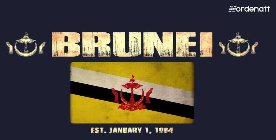 Brunei design preview: flag, date and emblem inspiration printed on dark t-shirts (Nordenatt)