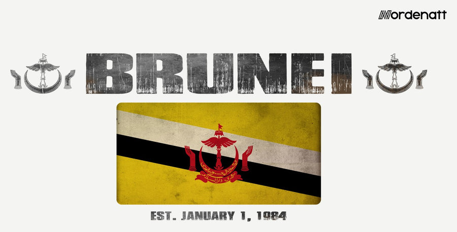 Brunei design preview: flag, date and emblem inspiration printed on light t-shirts (Nordenatt)