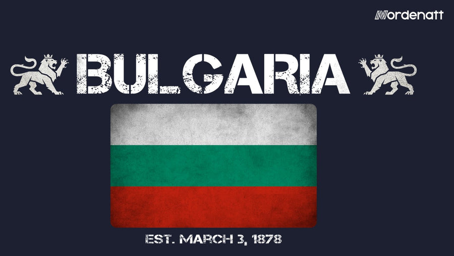 Bulgaria design preview: flag, date and emblem inspiration printed on dark t-shirts (Nordenatt)