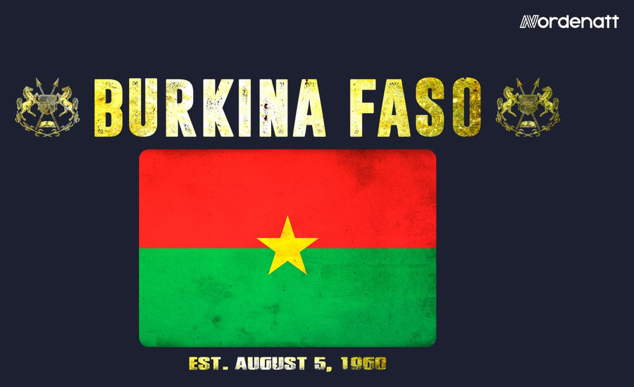 Burkina Faso design preview: flag, date and emblem inspiration printed on dark t-shirts (Nordenatt)