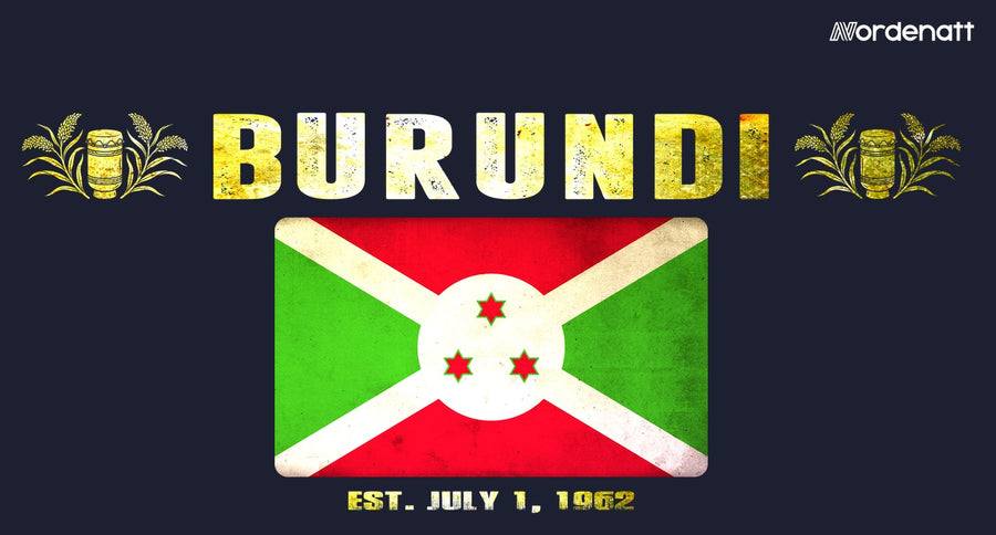 Burundi design preview: flag, date and emblem inspiration printed on dark t-shirts (Nordenatt)