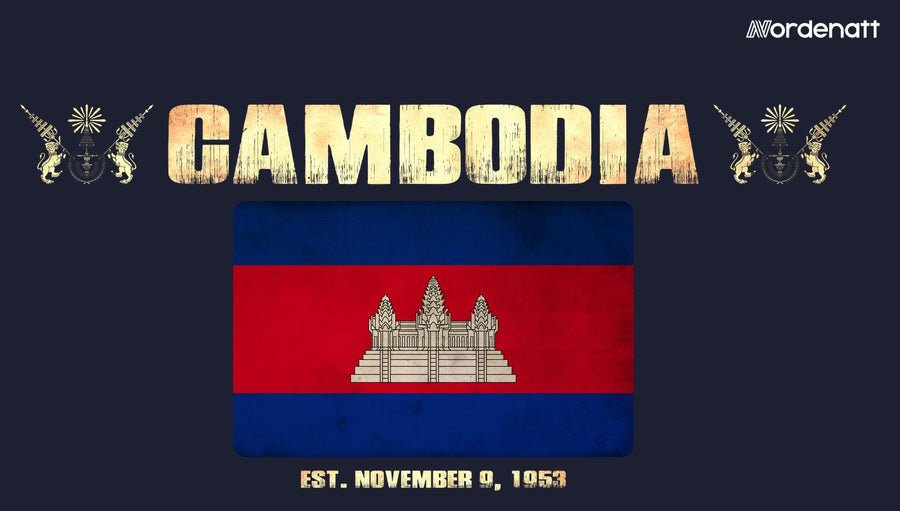 Cambodia design preview: flag, date and emblem inspiration printed on dark t-shirts (Nordenatt)