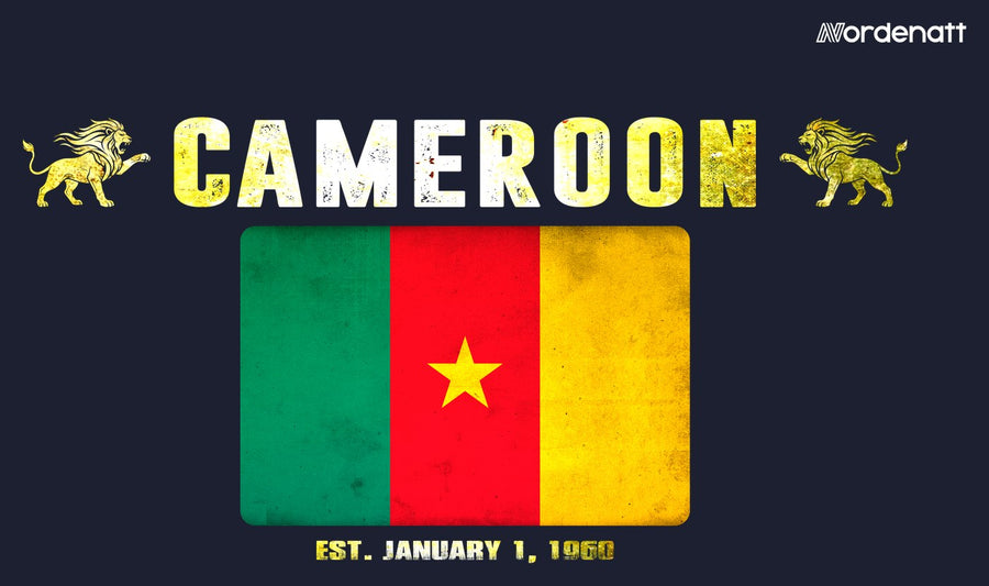 Cameroon design preview: flag, date and emblem inspiration printed on dark t-shirts (Nordenatt)