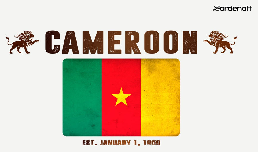 Cameroon design preview: flag, date and emblem inspiration printed on light t-shirts (Nordenatt)