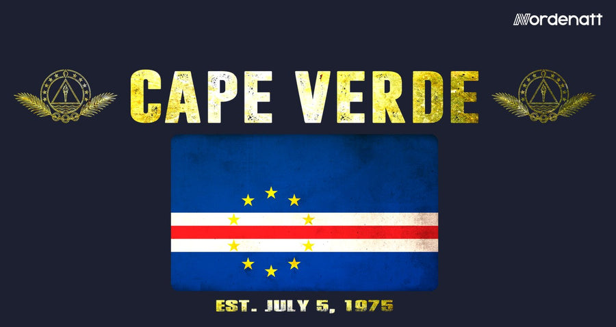 Cape Verde design preview: flag, date and emblem inspiration printed on dark t-shirts (Nordenatt)