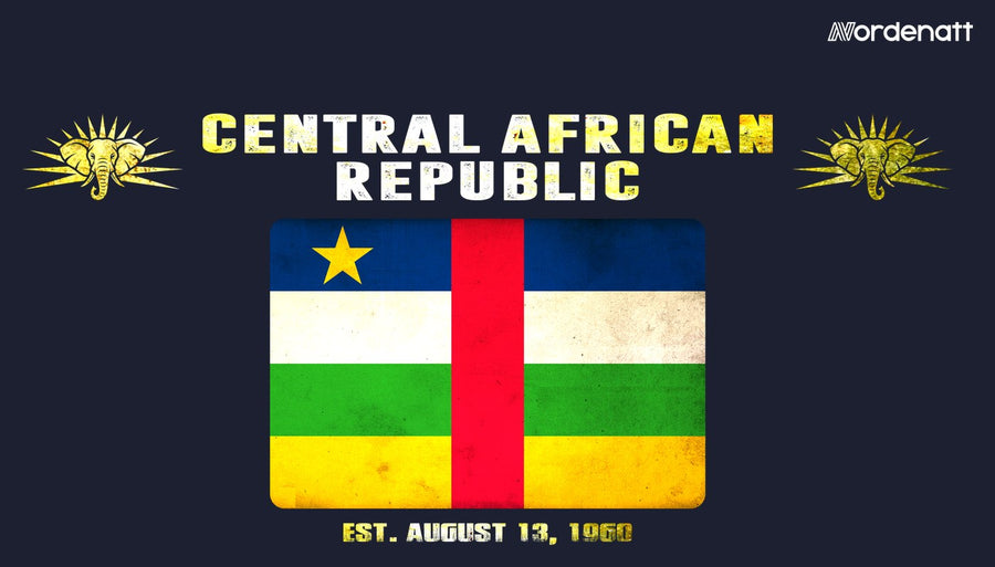 Central African Republic design preview: flag, date and emblem inspiration printed on dark t-shirts (Nordenatt)
