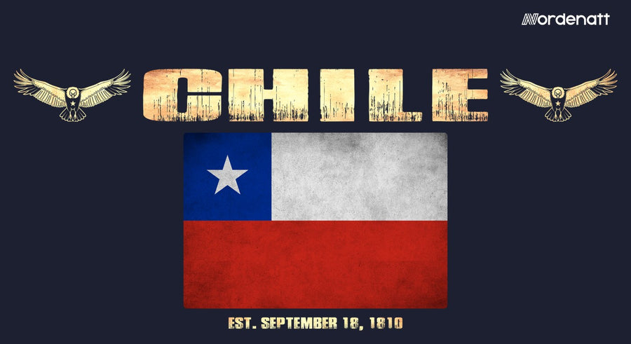 Chile design preview: flag, date and emblem inspiration printed on dark t-shirts (Nordenatt)