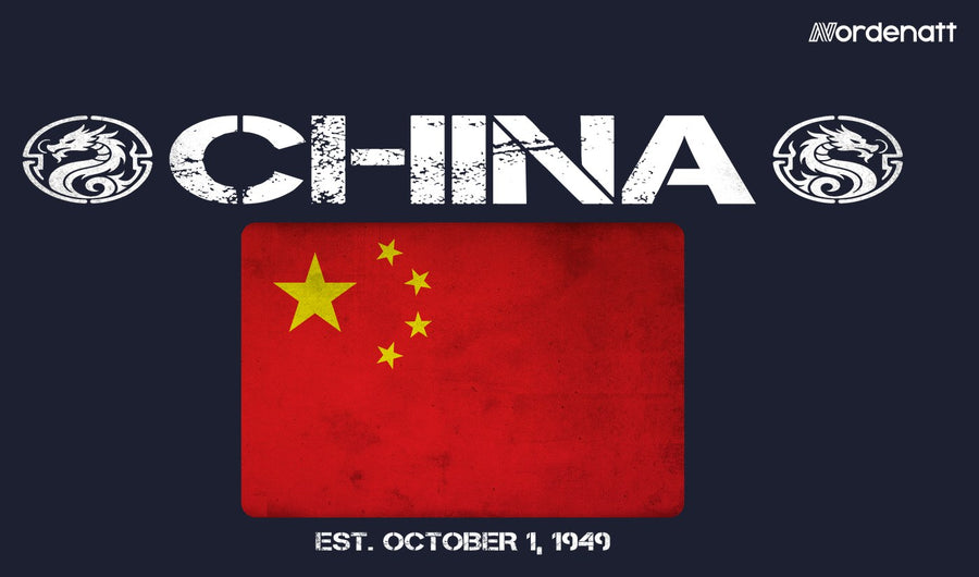 China design preview: flag, date and emblem inspiration printed on dark t-shirts (Nordenatt)