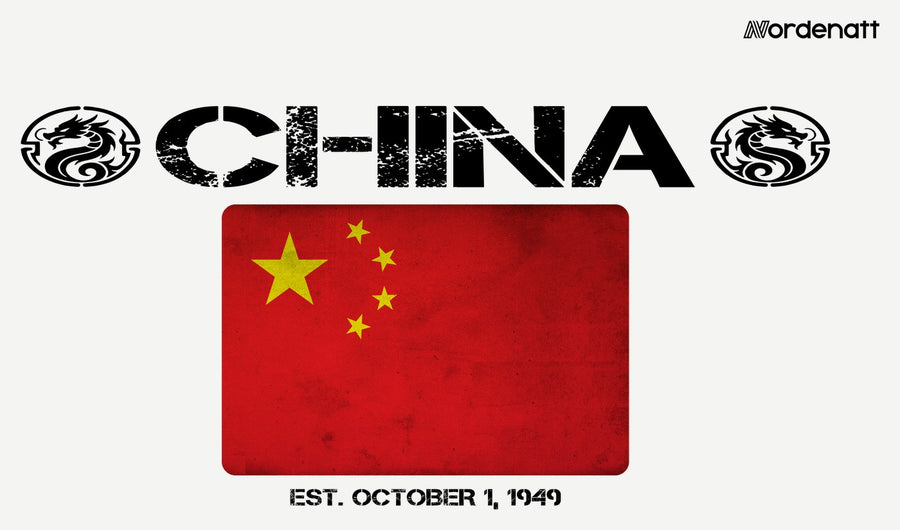 China design preview: flag, date and emblem inspiration printed on light t-shirts (Nordenatt)